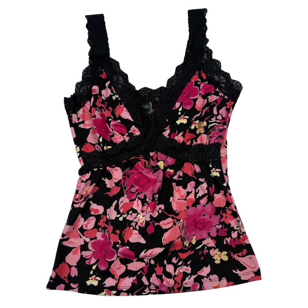 VTG Y2K PSSST Floral Lace Cami Babydoll Top Sz L V-Neck Tank Fairycore Coquette